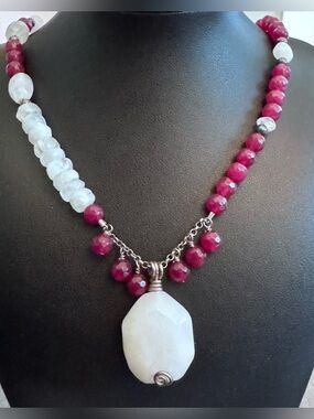 Handcrafted Cranberry and White Stone Necklace with a White Pendant